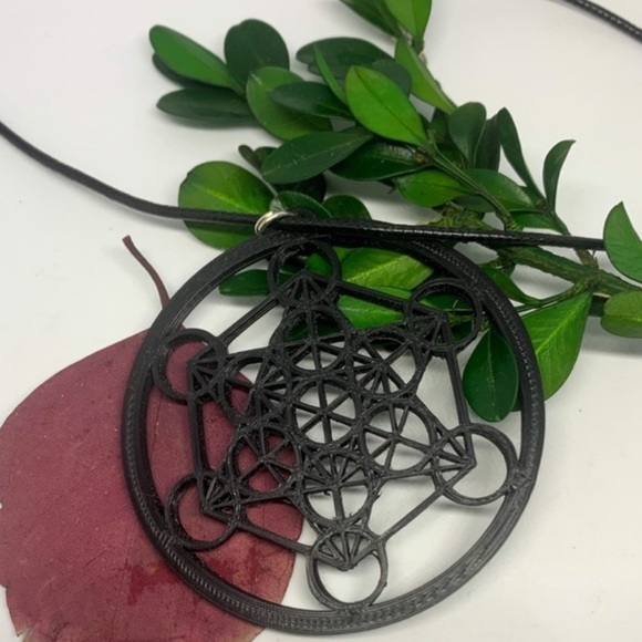 Handmade New 3D Printed Black Metatron Cube Sterling Silver Leather Necklace - Picture 5 of 15